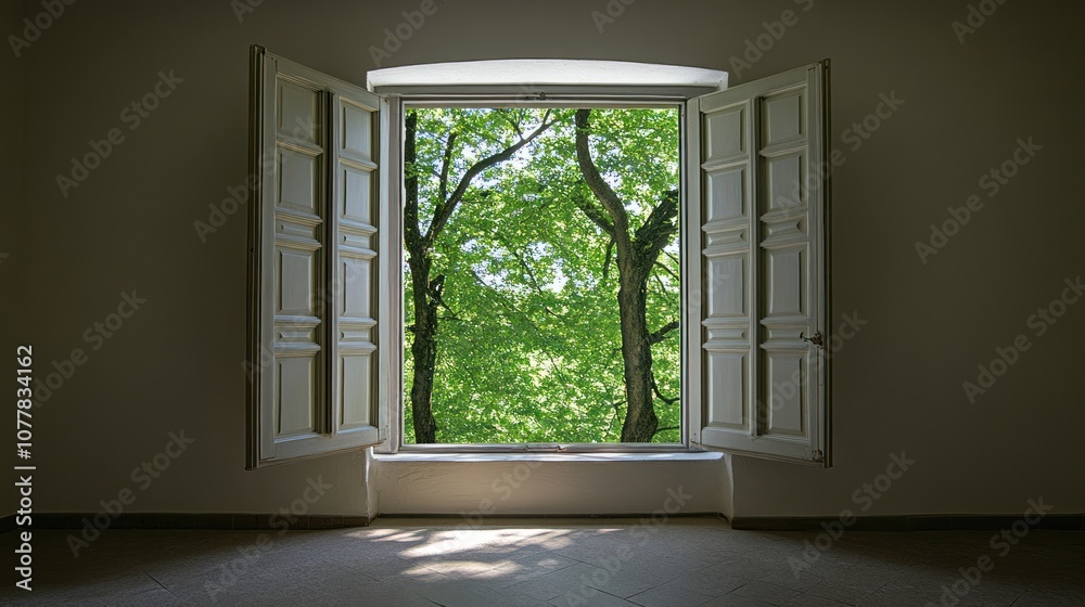 Obraz premium A serene view through an open window, showcasing vibrant green trees outside.