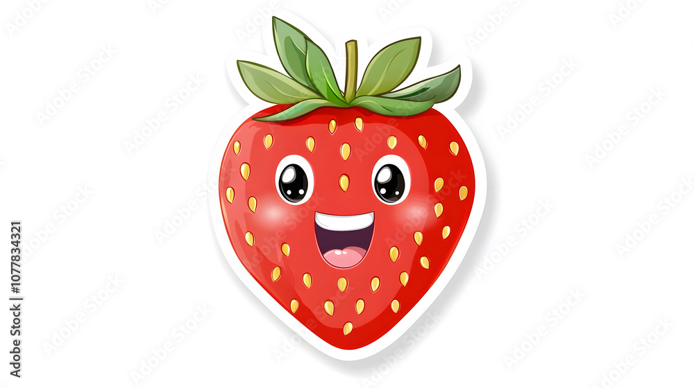 Obraz premium Happy cartoon strawberry with big smile and green leaves