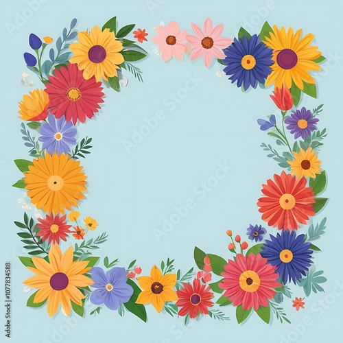 Colorful Floral Frame with Blue Background