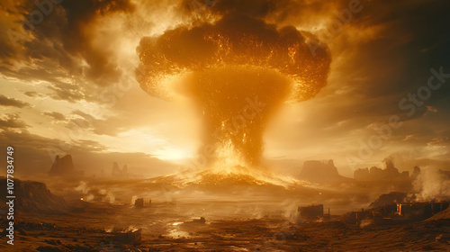 Desolate Landscape with Giant Mushroom Cloud Illustration