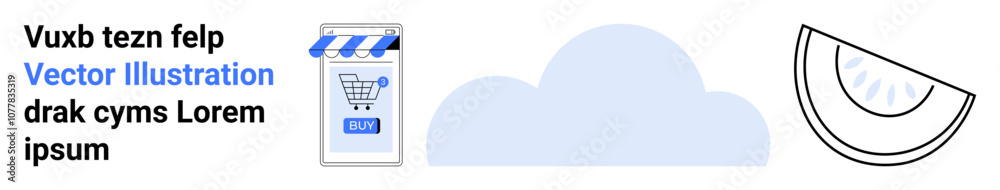 Shopping cart with striped awning, cloud, text elements, and watermelon slice. Ideal for e-commerce, weather apps, food blogs, digital marketing, educational materials, social media posts, landing Shopping cart with striped awning, cloud, text elements, and watermelon slice. Ideal for e-commerce, weather apps, food blogs, digital marketing, educational materials, social media posts, landing