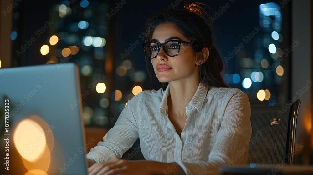 Woman Working Late at Night with Laptop in Office