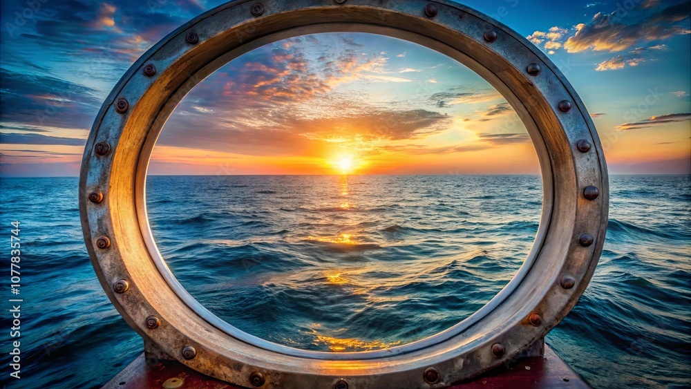 A circular frame captures the radiant hues of a golden sunset over a boundless ocean, reflecting the beauty of nature's spectacle. A circular frame captures the radiant hues of a golden sunset over a boundless ocean, reflecting the beauty of nature's spectacle.