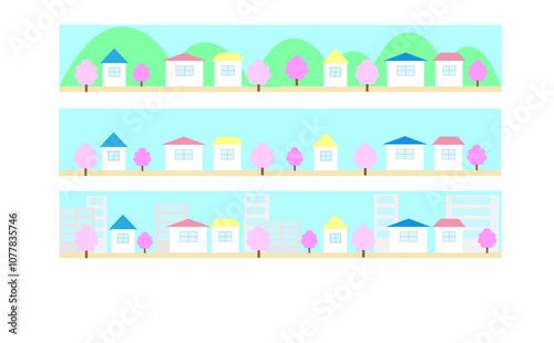 Spring Town Landscape, Cherry Blossom Trees, Pastel Colors