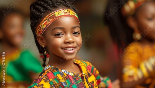 A young girl with braided hair and a colorful headband smiles brightly.