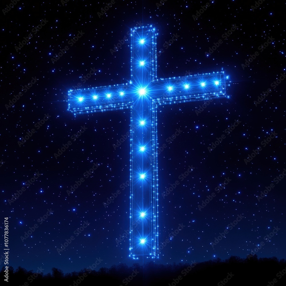 Glowing Blue Cross in Starry Night Sky: Brilliant Christian Symbol, Spiritual Faith, Illuminated Stars, Nighttime Inspiration, Serenity, Hope, Peaceful Reflection Glowing Blue Cross in Starry Night Sky: Brilliant Christian Symbol, Spiritual Faith, Illuminated Stars, Nighttime Inspiration, Serenity, Hope, Peaceful Reflection
