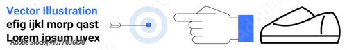 Hand pointing towards a target, minimalistic shoe outline, and placeholder text in black and blue. Ideal for web design, navigation guides, UI elements, infographics, presentations, branding