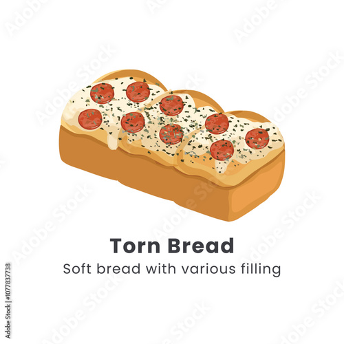 Hand drawn vector illustrator of Roti sobek or Torn bread or Roti kasur. Soft bread filled with chocolate, cheese, jam and nuts
