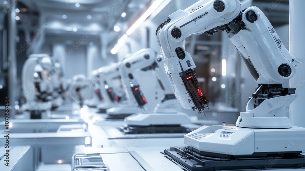 Row of Industrial Robotic Arms in a Factory Setting Row of Industrial Robotic Arms in a Factory Setting