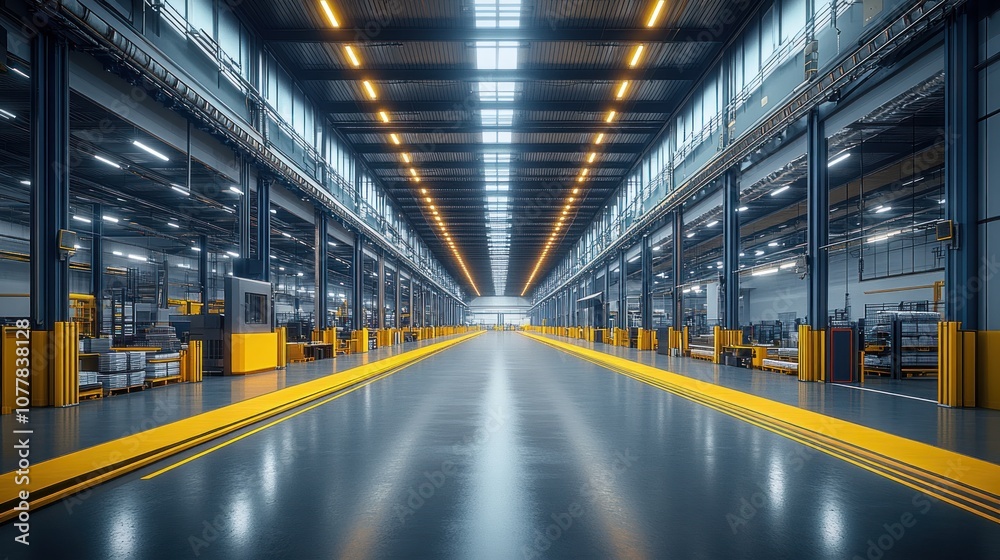 Spacious industrial warehouse with bright lighting and clear pathways. Spacious industrial warehouse with bright lighting and clear pathways.
