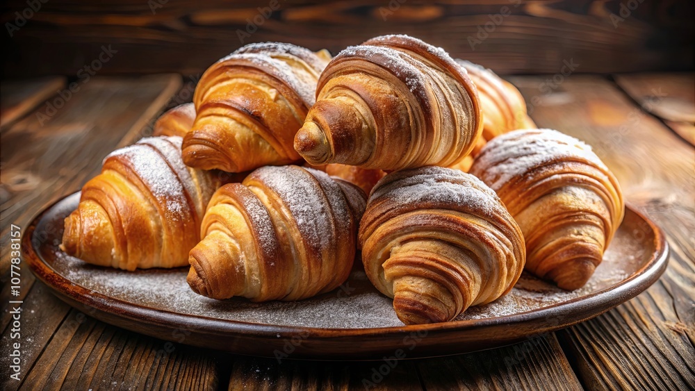 A Plate of Golden Croissants Dusted with Powdered Sugar, a Delectable Treat for Any Occasion A Plate of Golden Croissants Dusted with Powdered Sugar, a Delectable Treat for Any Occasion