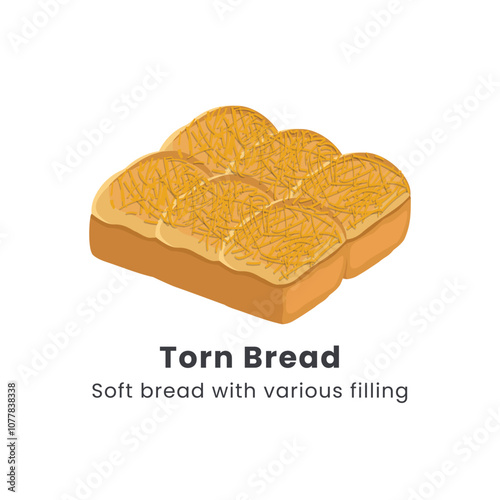 Hand drawn vector illustrator of Roti sobek or Torn bread or Roti kasur. Soft bread filled with chocolate, cheese, jam and nuts