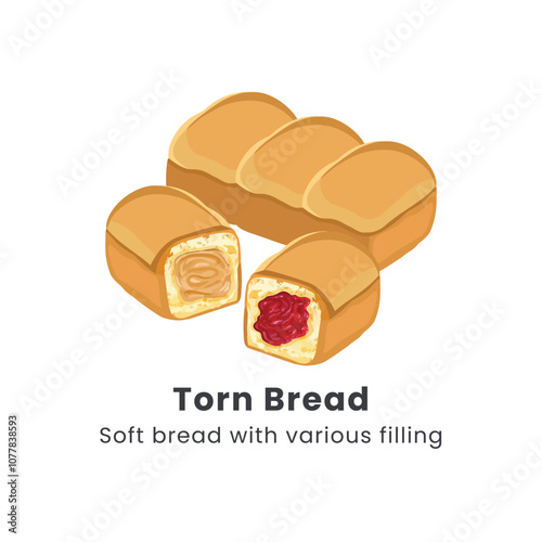 Hand drawn vector illustrator of Roti sobek or Torn bread or Roti kasur. Soft bread filled with chocolate, cheese, jam and nuts