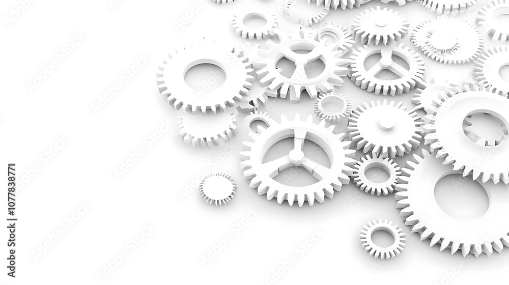 White gears of various sizes scattered on clean surface, symbolizing economic policy and mechanisms of industry. image conveys sense of precision and interconnectedness White gears of various sizes scattered on clean surface, symbolizing economic policy and mechanisms of industry. image conveys sense of precision and interconnectedness