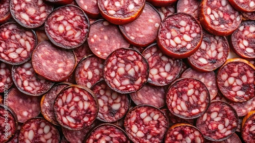 A Close-Up View of Perfectly Sliced Salami, Showing the Intricate Pattern of the Meat and the Rich, Deep Red Color