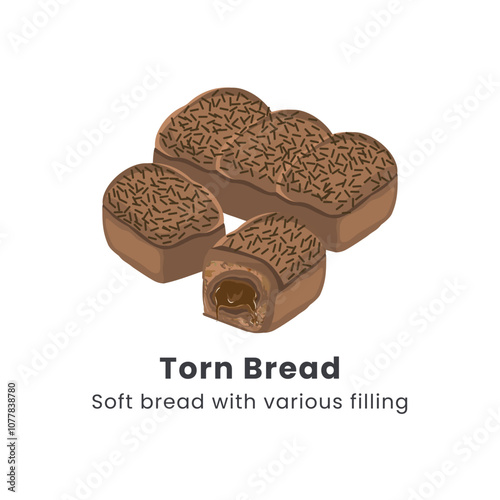 Hand drawn vector illustrator of Roti sobek or Torn bread or Roti kasur. Soft bread filled with chocolate, cheese, jam and nuts