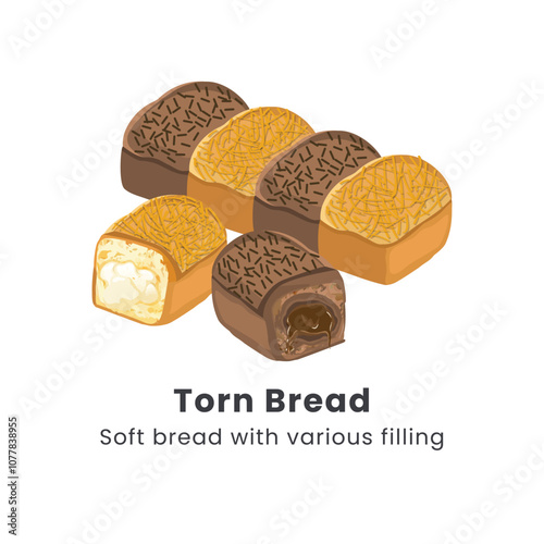 Hand drawn vector illustrator of Roti sobek or Torn bread or Roti kasur. Soft bread filled with chocolate, cheese, jam and nuts