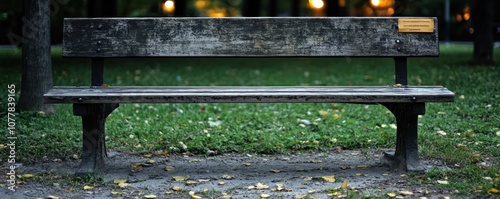 A weathered wooden bench in a grassy area, surrounded by trees and fallen leaves.