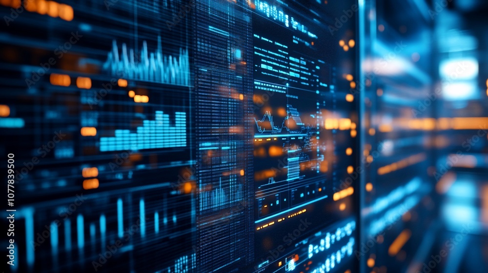 Close-up of a server rack with blue and orange data visualizations and code displayed on the screen. Close-up of a server rack with blue and orange data visualizations and code displayed on the screen.
