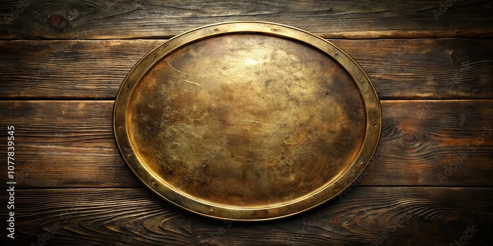 An aged brass shield rests on weathered wooden planks, its surface reflecting the passage of time. An aged brass shield rests on weathered wooden planks, its surface reflecting the passage of time.