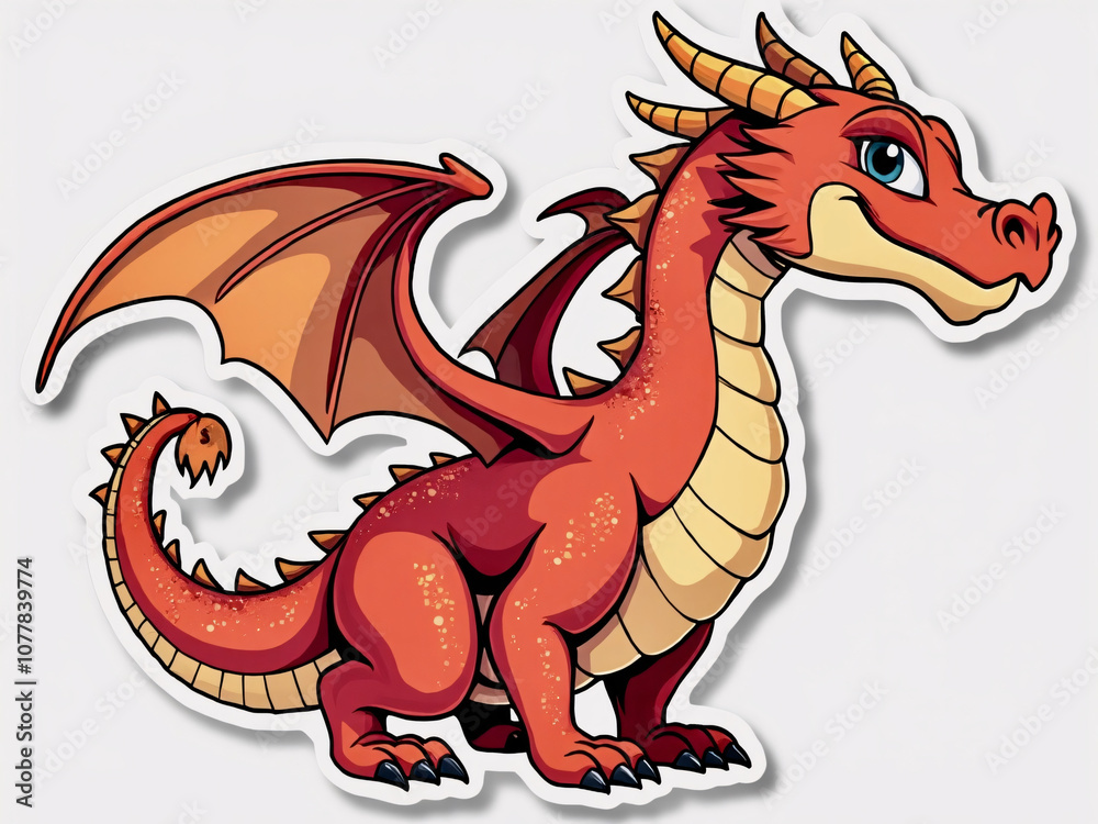 Naklejka premium A vibrant red dragon character with large wings and a friendly expression against a neutral background showcasing fantastical design