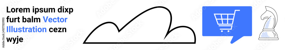 Cloud outline, shopping cart in blue speech bubble, silver chess knight, placeholder text. Ideal for online shopping, strategy, e-commerce, technology, retail, cloud services, digital communication Cloud outline, shopping cart in blue speech bubble, silver chess knight, placeholder text. Ideal for online shopping, strategy, e-commerce, technology, retail, cloud services, digital communication