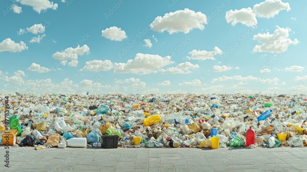 A vast expanse of plastic waste under a blue sky, highlighting environmental pollution. A vast expanse of plastic waste under a blue sky, highlighting environmental pollution.