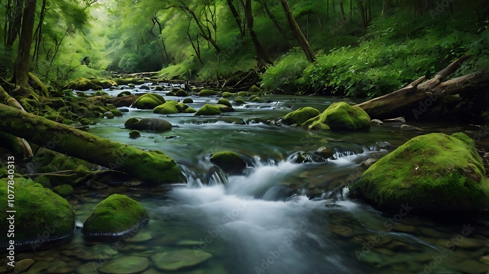 Tranquil forest stream flowing through lush green trees. Tranquil forest stream flowing through lush green trees.