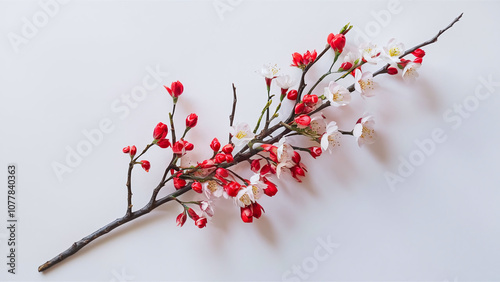 Close-up of plum blossoms in red and white, isolated on white background, minimalist Japanese New Year theme, stock image