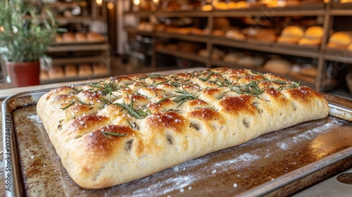 Wallpaper Mural Freshly Baked Rosemary Focaccia Bread in Artisan Bakery Setting with Rustic Shelves and Warm Lighting - Perfect Homemade Flavorful Bread Recipe Inspiration Torontodigital.ca