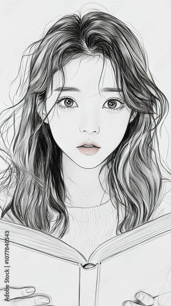 a captivating young Chinese woman in her twenties, with beautiful facial features and loose hair, holding a book, designed as an artistic pencil sketch, set against a visually appealing backdrop, maki a captivating young Chinese woman in her twenties, with beautiful facial features and loose hair, holding a book, designed as an artistic pencil sketch, set against a visually appealing backdrop, maki