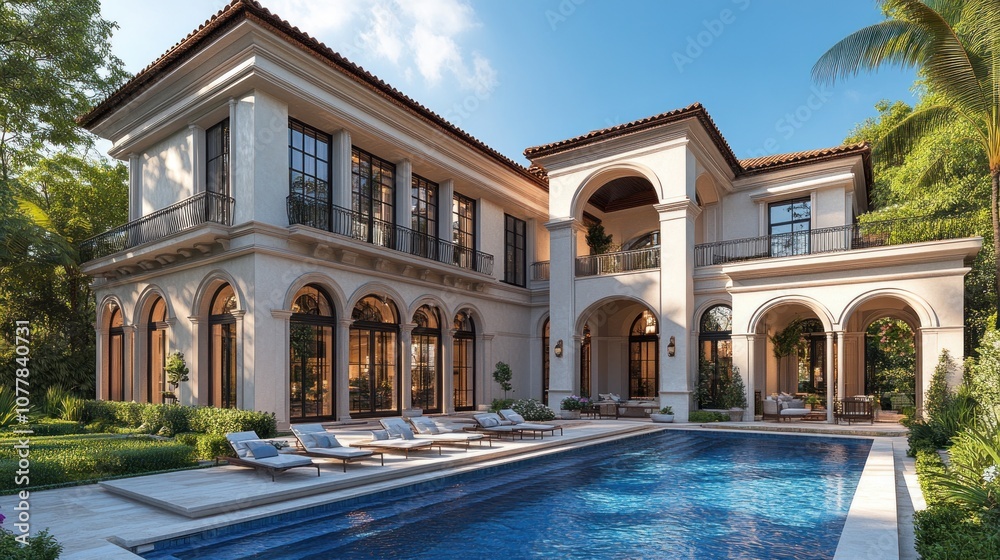 Elegant modern villa with a pool surrounded by lush greenery. Elegant modern villa with a pool surrounded by lush greenery.