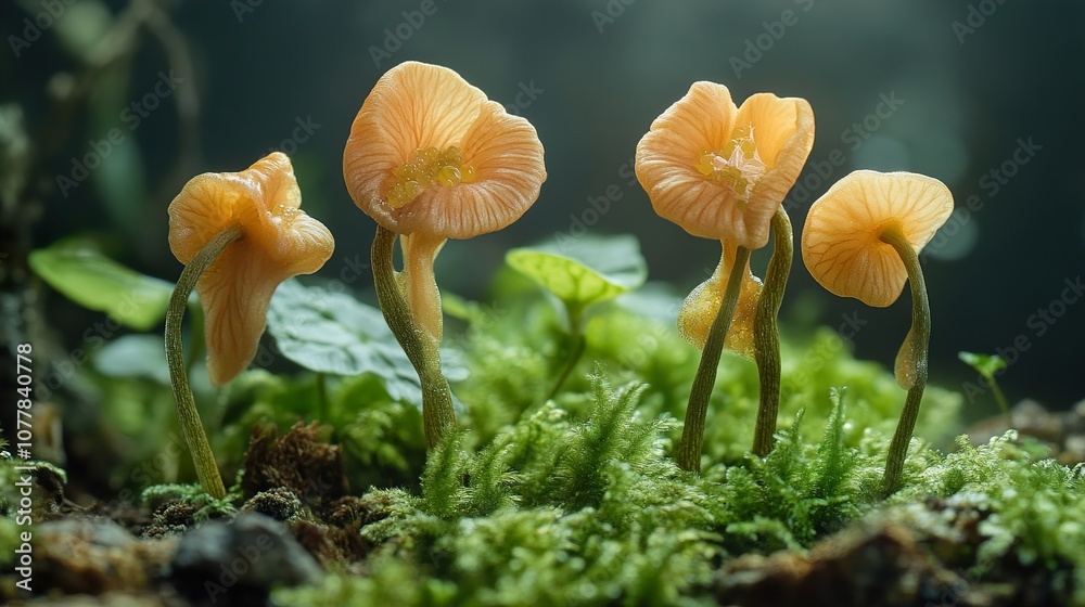Delicate Orange Mushrooms Growing in a Bed of Green Moss Delicate Orange Mushrooms Growing in a Bed of Green Moss