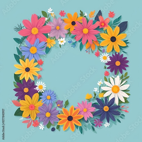 Colorful Flower Wreath on a Blue Background