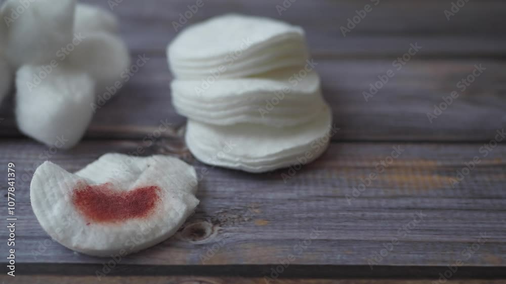 Cotton pads with a visible blood stain placed on a wooden table surface, creating concern Cotton pads with a visible blood stain placed on a wooden table surface, creating concern