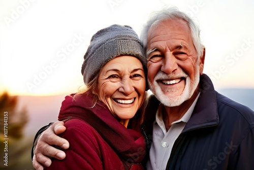 senior couple embracing warm smiles casual attire