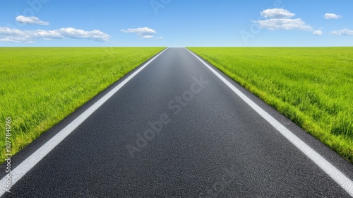 A straight road stretches into the horizon, surrounded by lush green fields under a clear sky.