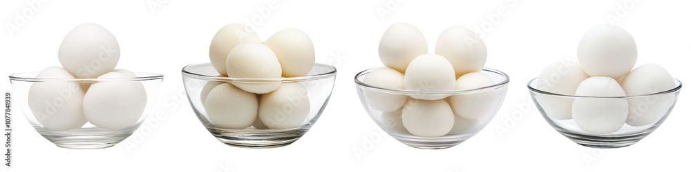 Four bowls filled with white eggs arranged in a row, showcasing different quantities and styles of presentation. Four bowls filled with white eggs arranged in a row, showcasing different quantities and styles of presentation.