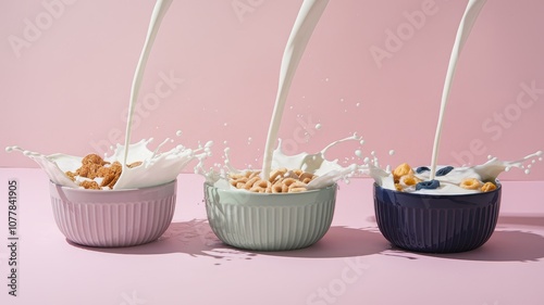 Three bowls of cereal are pouring milk into them