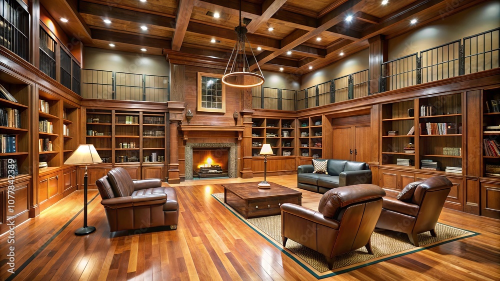 Elegant and Cozy Library Interior Design Featuring Wooden Shelves, Comfortable Seating, a Warm Fireplace, and a Rich Color Palette in a Contemporary Home Environment Elegant and Cozy Library Interior Design Featuring Wooden Shelves, Comfortable Seating, a Warm Fireplace, and a Rich Color Palette in a Contemporary Home Environment