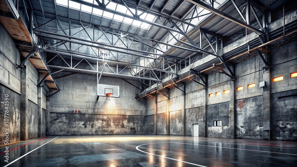 Interior View of an Abandoned Basketball Court with High Ceilings and Industrial Design Featuring a Basketball Hoop and Concrete Floor