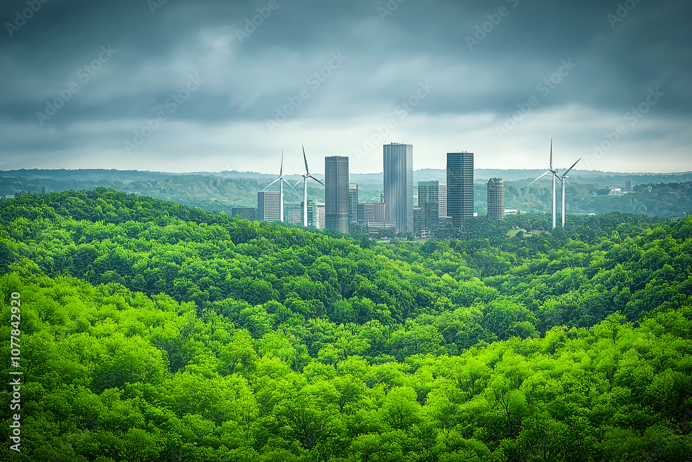 Fototapeta premium An illustration of a lush green forest surrounding a modern city skyline, with wind turbines and solar panels integrated into the landscape, symbolizing a sustainable future.