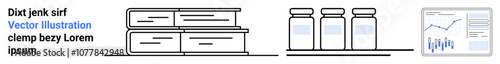 Books and bottles neatly arranged on shelves with a detailed data analysis chart. Ideal for workspace organization, data analysis, productivity, office setup, modern design, efficient planning