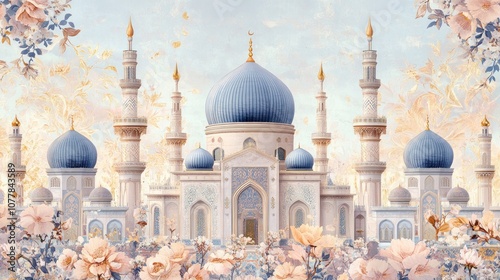 Wallpaper Mural Ornate Mosque with Blue Domes and Floral Accents Torontodigital.ca