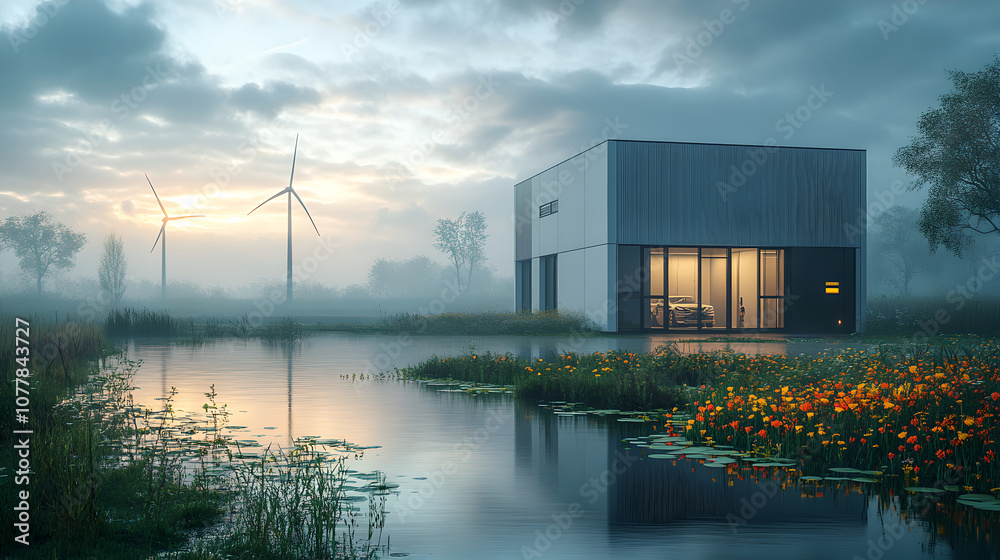 A serene modern energy system features wind turbines near a tranquil water body. This scene highlights the balance between nature and technology for a sustainable future. A serene modern energy system features wind turbines near a tranquil water body. This scene highlights the balance between nature and technology for a sustainable future.