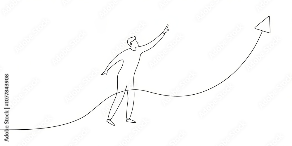 A single line drawing of a person pointing towards an upward arrow symbolizing growth, progress, and positive movement. A single line drawing of a person pointing towards an upward arrow symbolizing growth, progress, and positive movement.