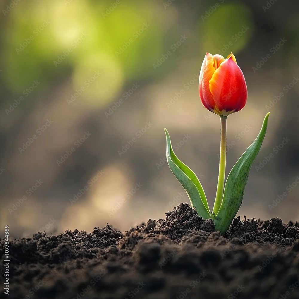 Obraz premium a tulip begining to come out of the soil .generative ai