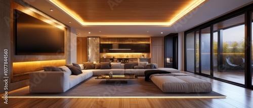 Modern living room with warm lighting, beige sofa, and wooden floor.