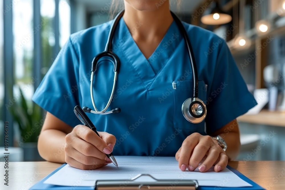 A close-up of a stethoscope and clipboard on a desk, symbolizing a healthcare professional’s workspace A close-up of a stethoscope and clipboard on a desk, symbolizing a healthcare professional’s workspace