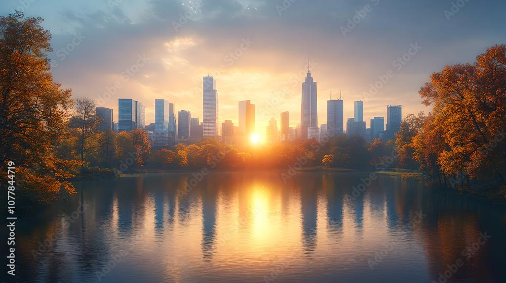 Fototapeta premium A serene sunset illuminates a city skyline, reflected in a tranquil lake surrounded by vibrant foliage.